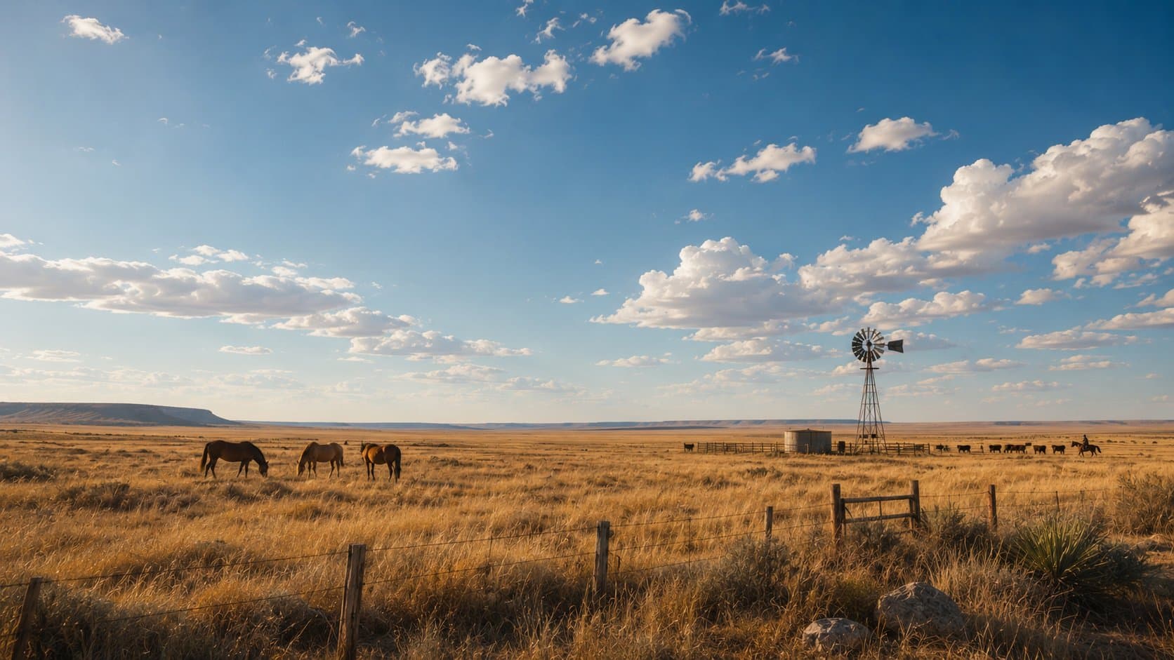 Golden West Texas plains under a bright blue sky: horses grazing, a windmill, and cattle with a lone rider on the horizon